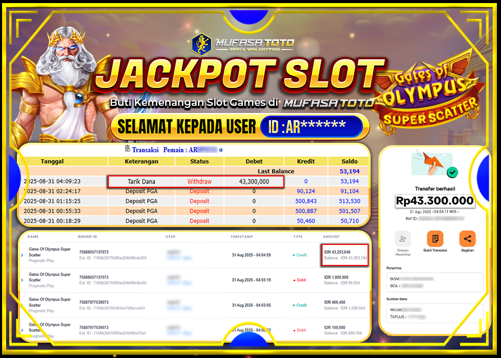 MUFASATOTO JACKPOT PRAGMATICPLAY Rp.43.300.000|LUNAS
